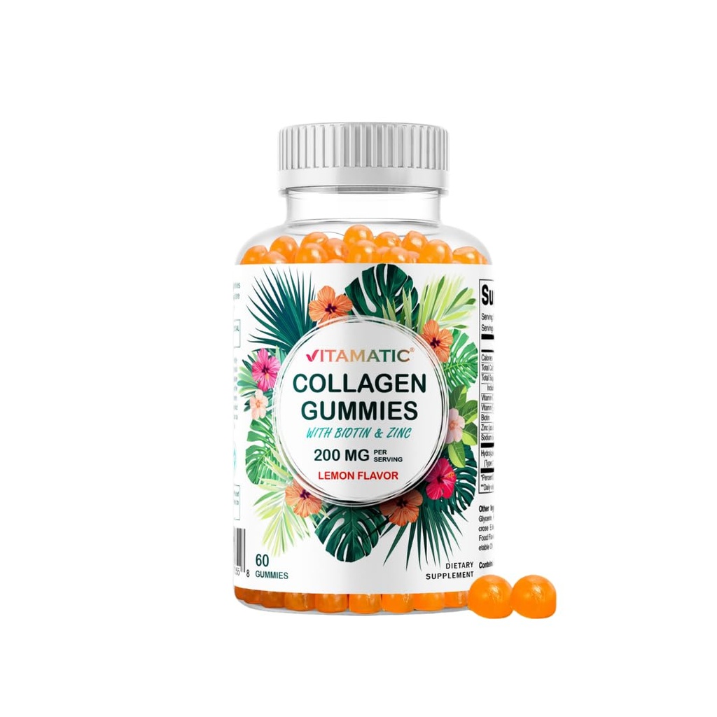 Vitamatic Hydrolyzed Collagen Gummies with Vitamin C, çinko ve Biotin, 200 mg - Sağlıklı Cilt Desteği - 60 Gummies