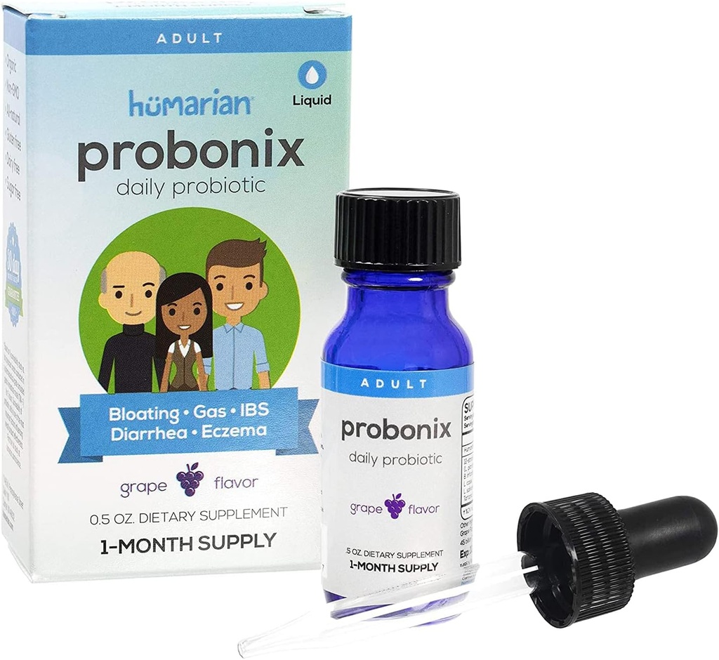 Probonix Humarian Υγρά Προβιοτικά για Ενήλικες - 12-Strain Probiotic Drops to Fortify Gut Health, Immunity and More - 30-Day Supply - Νοστιμότατο άρωμα σταφυλιών