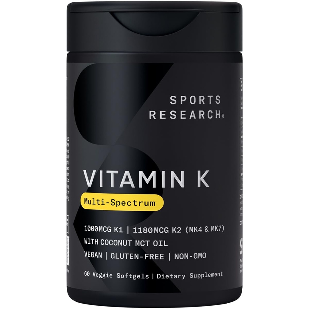 Spor Araştırma Vitamini K Multi-Spectrum - Üç Vitamin türü K: K1, K2 MK-4 & K2 MK-7 - Vegan Dostu, Plantgel Capsule - 60 softgels