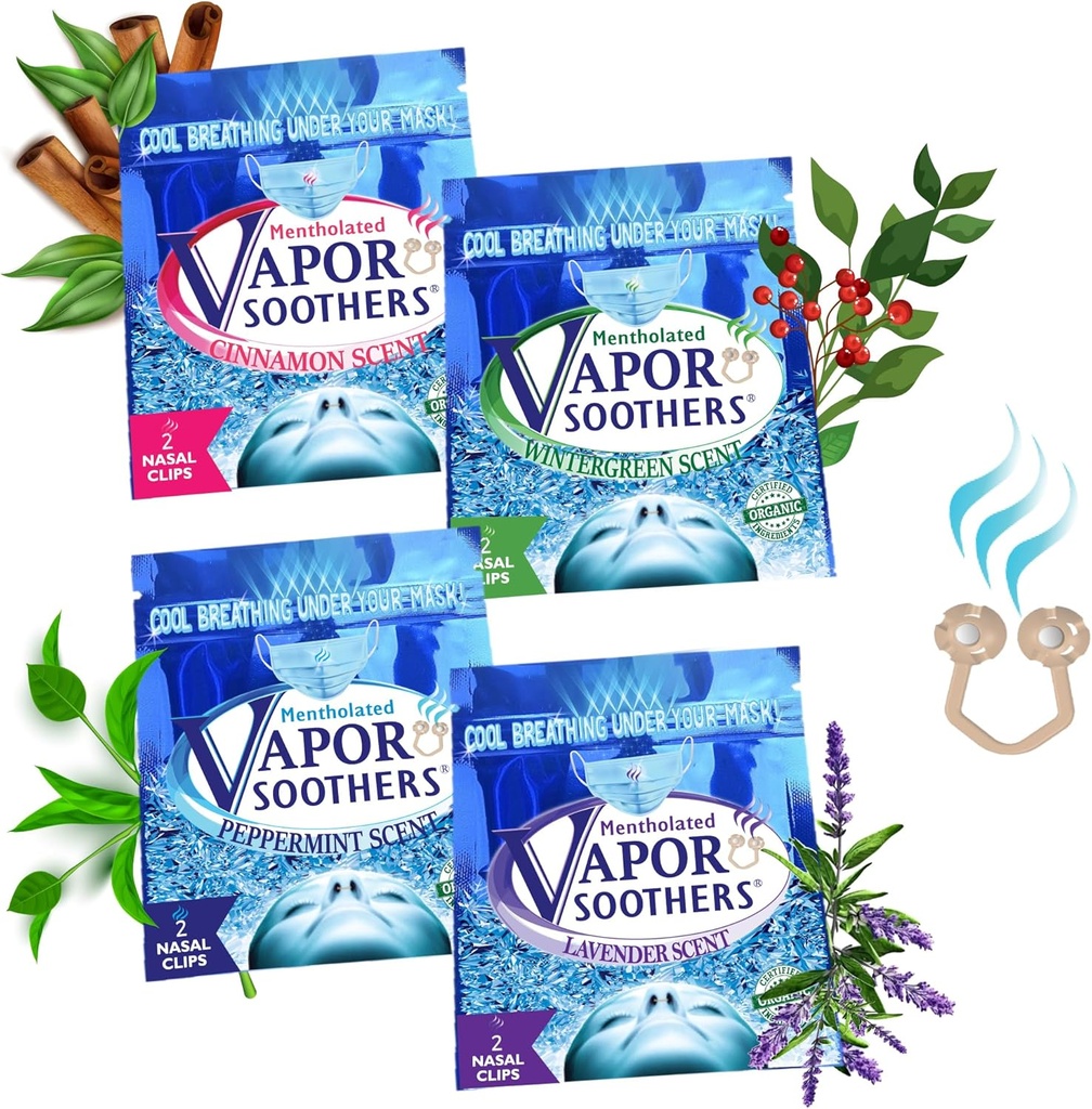 Nasal Dilator Clips, Cool & Easy Breathing Under Your Mask, 4-Scent Diversity Pack (Peppermint, Wintergreen, Cinnamon, Lavender), 8 Kont, Instant Nasal Congestion Relief, Drug-Free