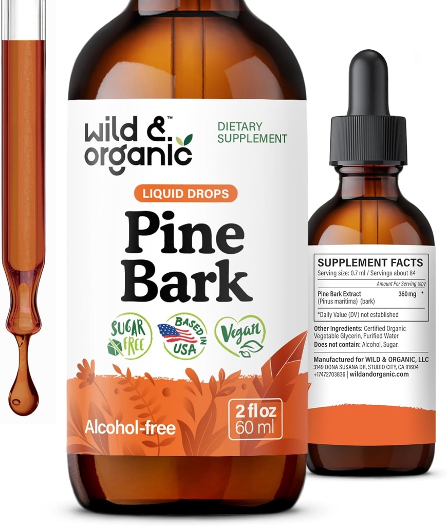 Wild & Organic Pine Bark Extract Tincture - Antioksit Desteği - Pinus Pinaster Supplements - Fransız Deniz Bark Liquid Drops - 2-Month Supply - Vegan, Alkol & Sugar-Free - 2 f ozzz