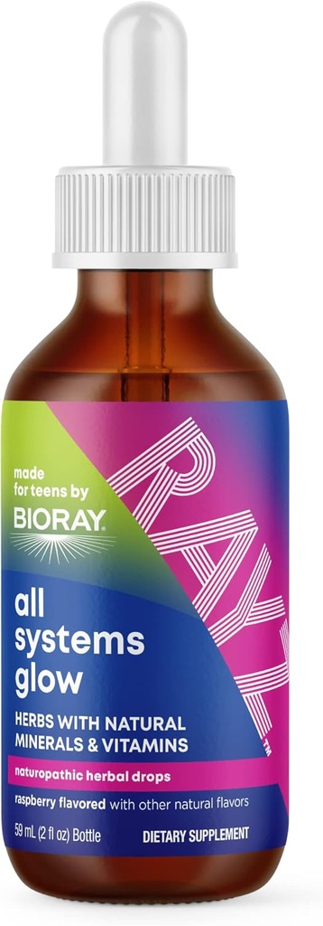 BIORAY RAYZ All Systems Glow, Raspberry Flavor - 2 fl oz - Convenient Source of Vitamins & Minerals for Teens 12-18 Years Old