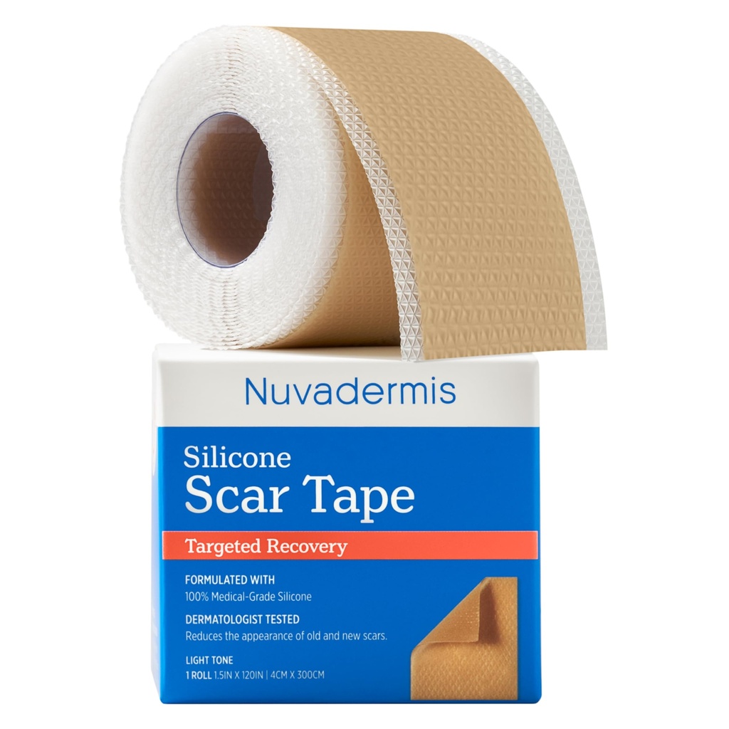 NUVADERMIS Silikon Cerrahi Silahlar Için Ses Bantı - 120" x 1.5" Roll - Wrinkles için Tıbbi Sınıf Scar Bant, Keloid Scars ve Hipertrophic Scars - Reusable Scar Sheets Roll - 1 Pack