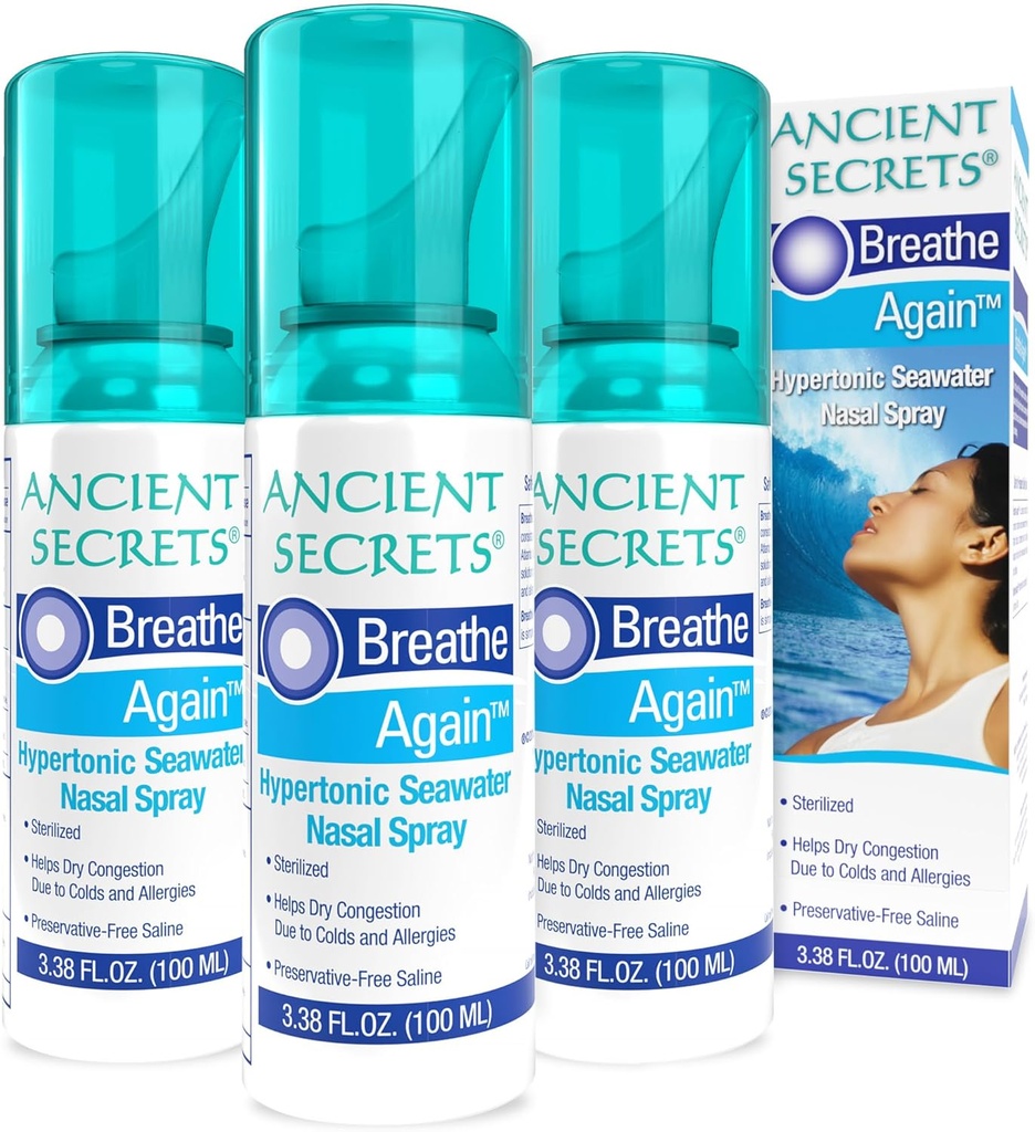 ANCIENT SECRETS Saline Nasal Mix - Breath Again Hypertonic Seawater Nasal Spray, Antial Congestion Moisturizer, 3.38 Fl Oz (Pack of 3)