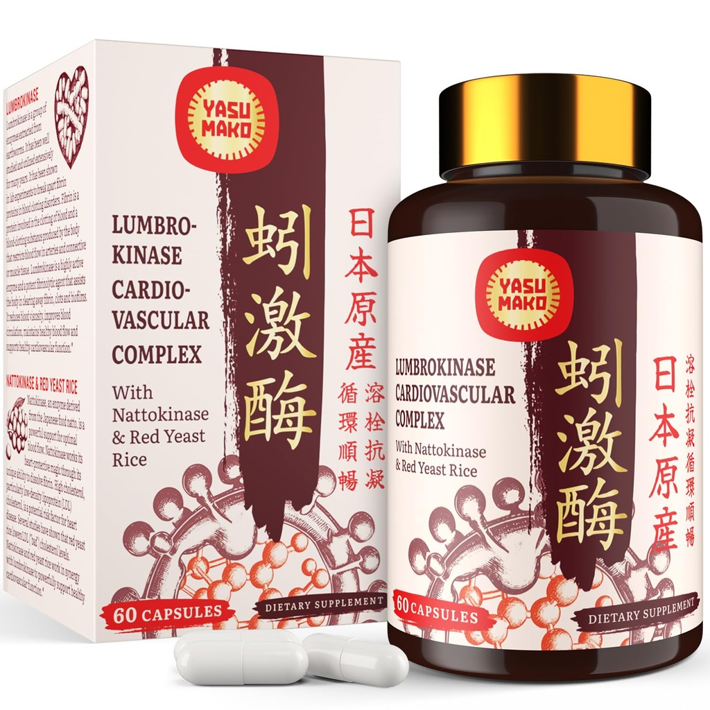 Lumbrokinase 100 mg (Max Activity 1.000.000 LKU),Nattokinase 100 mg-2,000 Aktivite ve Red Yeast Rice 300 mg, Potent Lumbrokinase Enzymes Supplement for Circulatory,Cognition,60 Capsules (Pazarlama)