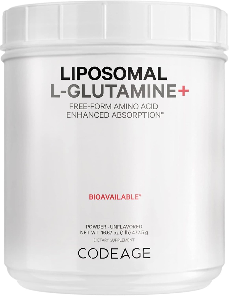 Codeage Liposomal L-Glutamine Powder - Υψηλής ισχύος L-Glutamine 5.000 mg per Serving - 3-Month Supply - Liposomal Delivery, Free-Form Amino Acid, Unflavored Glutamine - Μη-GMO Gluten-Free - 16,67 oz
