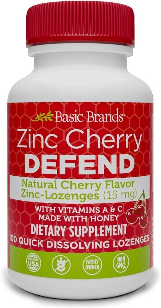 Βασικές μάρκες – Zinc Cherry Defense - 100 Lozenges - Φυσικό Cherry Flavor Zinc–Lozenges - Ανοσοποιητική ενίσχυση, κρύο ανακούφιση, μη GMO, Οξικός ψευδάργυρος & βιταμίνη C - 2-Pack