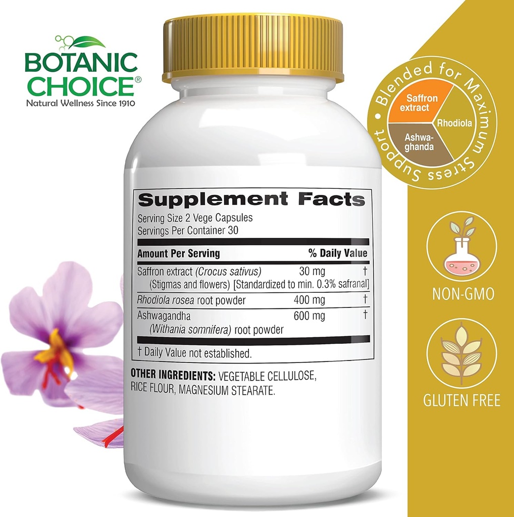 Botanic Choice Stress Complex Κάψουλες - Mood & Memory Support with Saffron, Ashwagandha, Rhodiola - Χωρίς γλουτένη, 60 Κάψουλες