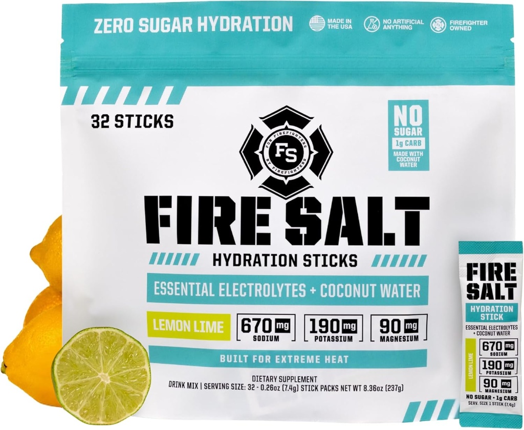 Fire Science Fire Salt Hydration Sticks, Electrolytes & Coconut Water, Hydration Drink Mix with Magnezyum, Pyum & sodyum, Zero Sugar, Single Serve On The Go Packs, Lemon Lime Flavor, 32 Count