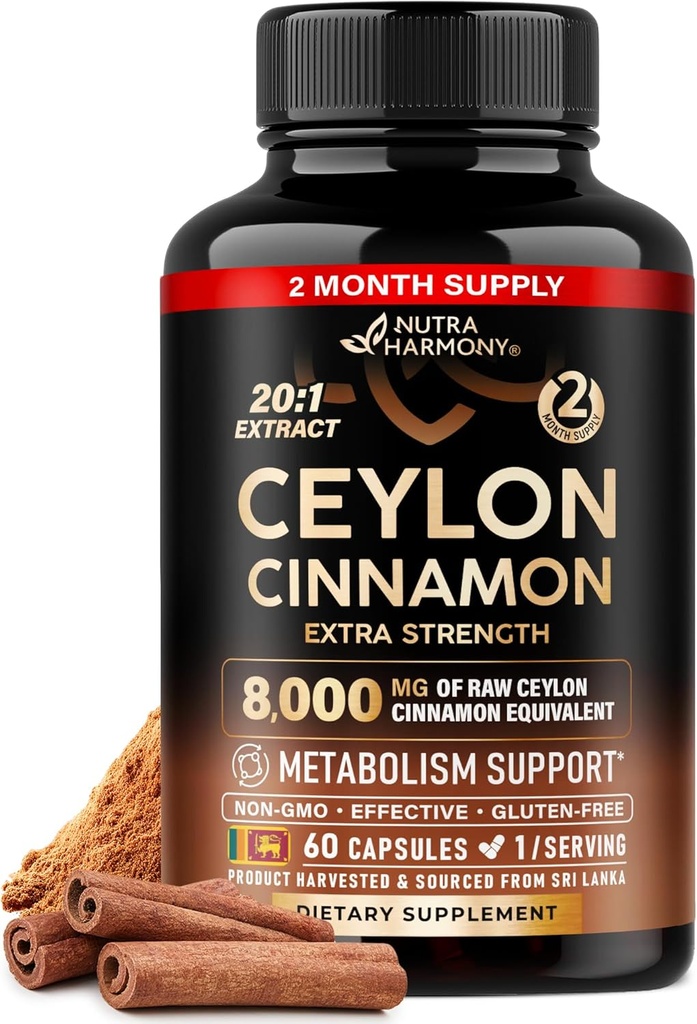 Ceylon Cinnamon Capsules - Ekstra Kuvvet - Enerji Kalp & Metabolism Erkekler ve Kadınlar için Destek - Pure Natural Cinnamon 20:1 Ekstra Supplement - GMO & Gluten Free - ABD'de Yapılan - 60 Capsules 2 Ay