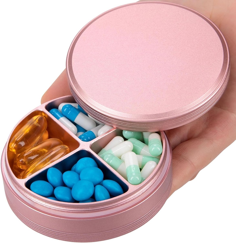 Μεταλλικό χάπι Organizer 4 διαμερίσματα - Portable Travel Pill Case Καθημερινή, Αδιάβροχο κουτί Χάπια για το πορτοφόλι, Compact Hill Holder Medicine Δοχεία για Βιταμίνη Cod Liver Oil Συμπλήρωμα ροζ