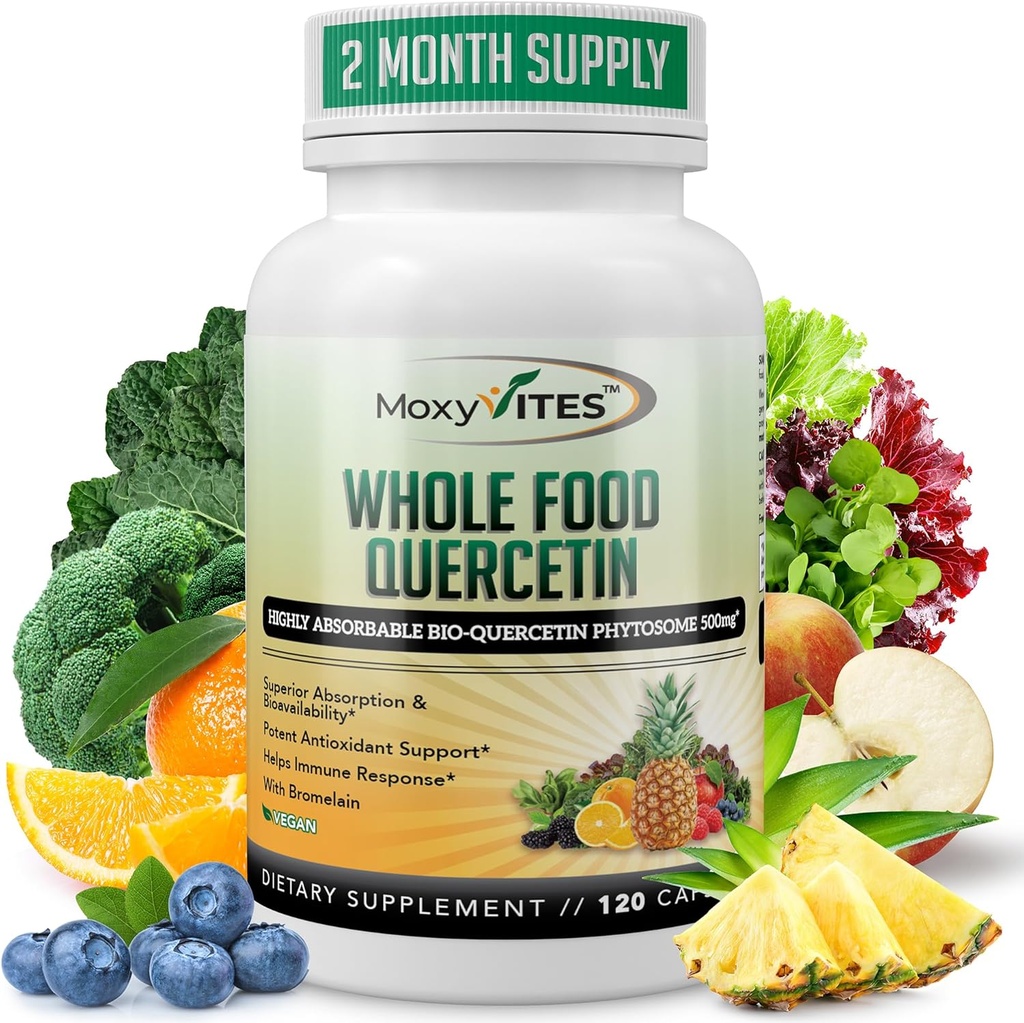 MoxyVites Quercetin with Bromelain 500 mg Supplement - Bioaktif Phytosome Kompleksi, Saf Organik Tüm Gıda Mevsimi Destek, Antioksi, 20X Abxia & Bioavailability-120 Caps