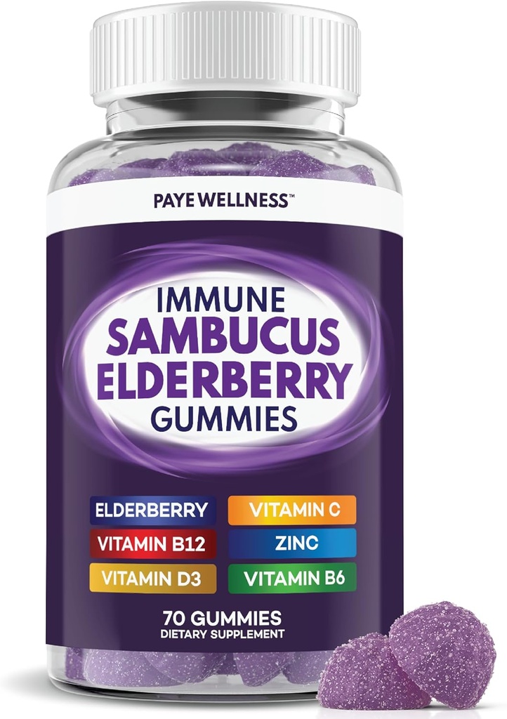 Elderberry Gummies Immune Support, Daily Support for Kids and Adults*, with Sambucus Elderberry, Zinc, Vitamin C, D3, B6, B12, Plus - Dietary Supplement - 70 Count