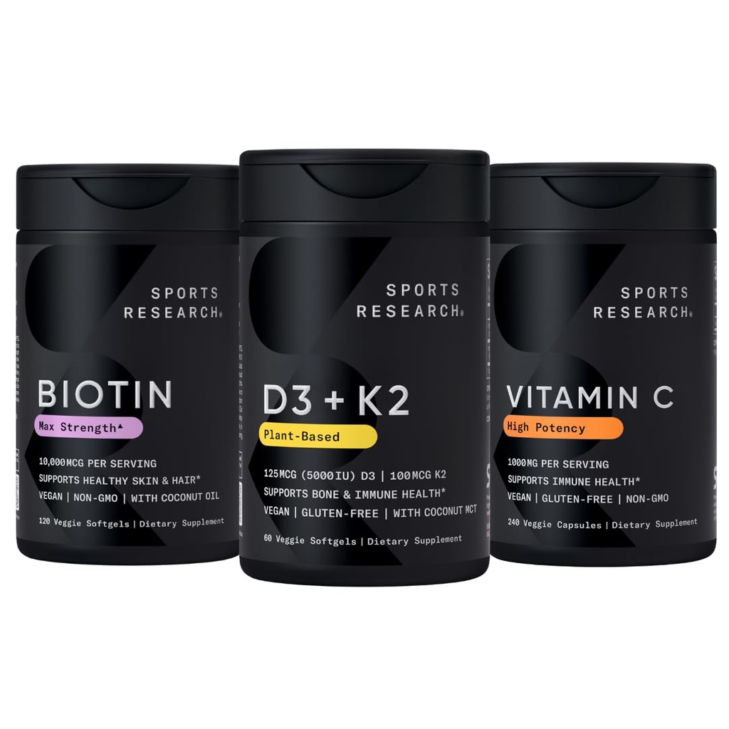 Αθλητική έρευνα Βιταμίνη D3 5000iu K2 100mcg, Vegan Biotin 10.000mcg με λάδι καρύδας και υψηλής ισχύος βιταμίνη C συμπλήρωμα 1000mg