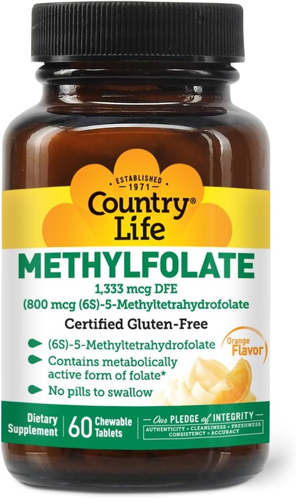 Country Life Mefolate Chewable Tabletler - Metabolically Active Folate - Great Tasting Orange Flavor - Gluten-Free - Smooth Melts - Vegan B12 - Kadın Vitaminleri - Daily Supplement - 60 Tabletler