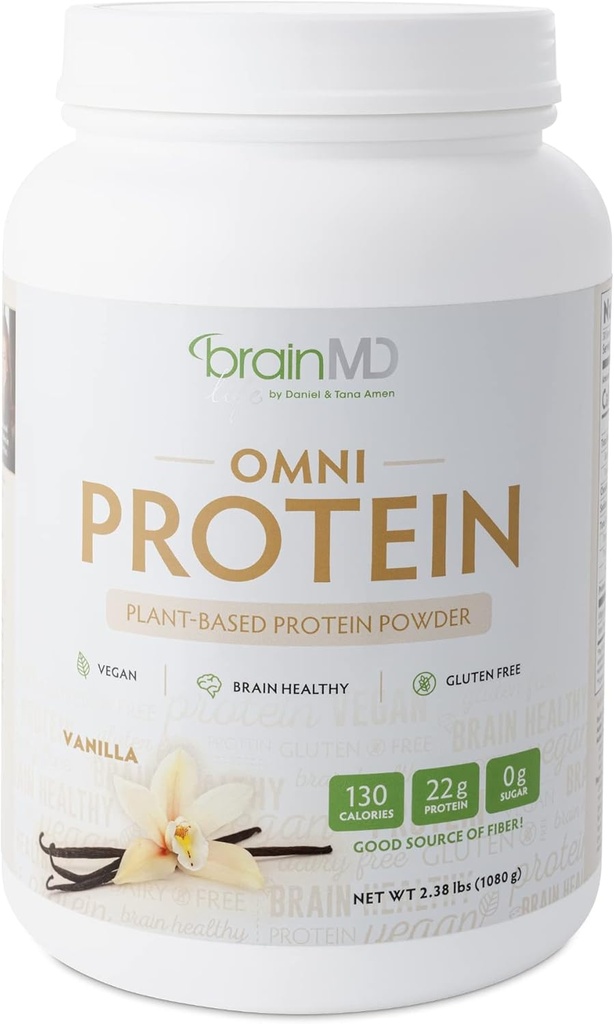 BRAINMD Dr Amen Omni Protein Vanilla - 2.38 lbs - Plant-Based Protein Powder - Promotes Energy & Exercise Recovery - Vegan, Vegetarian, Sugar Free, Gluten Free - 30 Servings