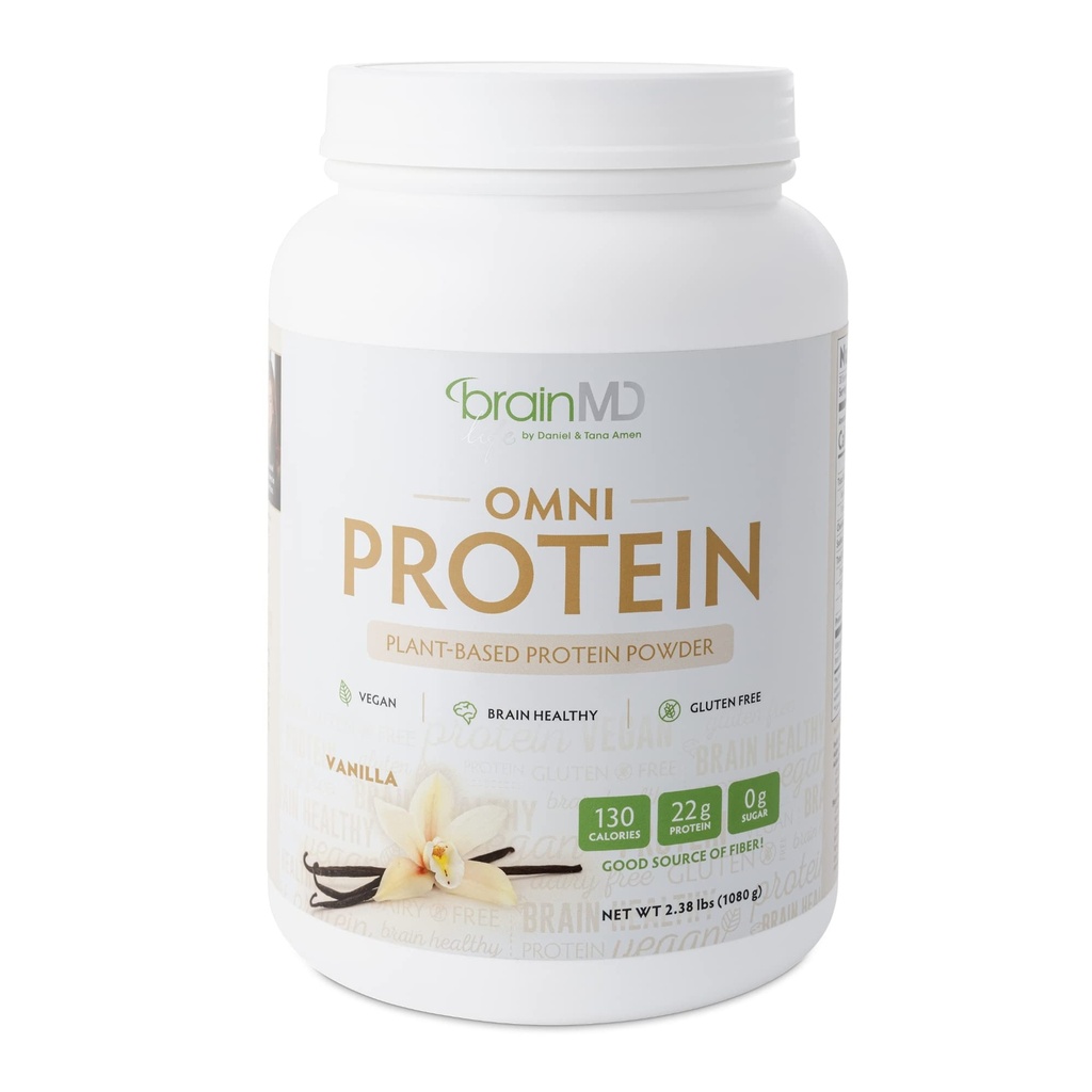 BRAINMD Dr Amen Omni protein Vanilla - 2.38 lbs - Plant-Based Protein Toz - Enerji ve Egzersiz Kurtarmayı Teşvik - Vegan, Vejetaryen, Sugar Free, Gluten Free - 30 Hizmet