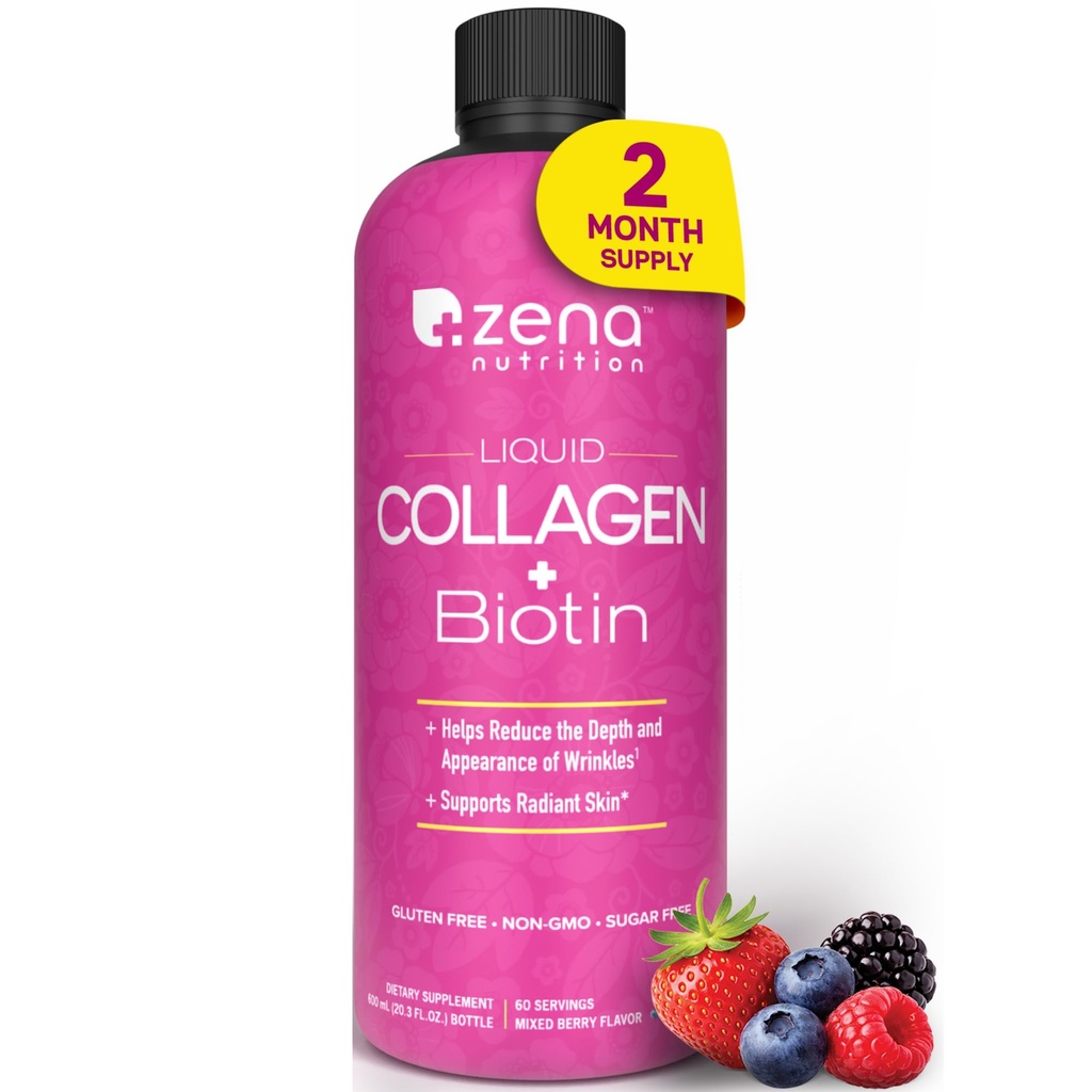 Zena Nutrition Liquid Collagen Peptides and Biotin, 2500mg Verisol Bioactive Collagen Peptides, 5000mcg Biotin, Hair, Skin, Nail Supplement for Women and Men, Mixed Berry, 60 Servings, 20 fl oz