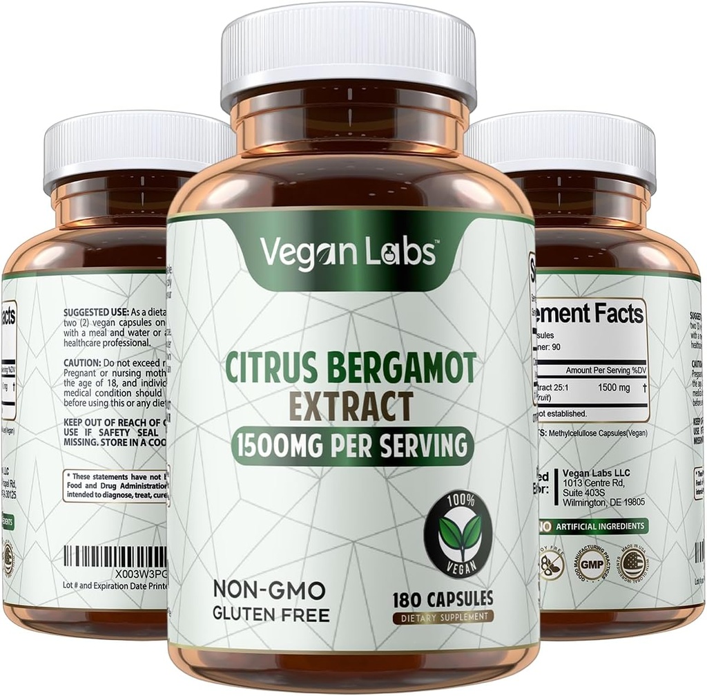 Vegan Laboratuvarlar Citrus Bergamot Extract 1500MG- 180 Vegan Capsules- 25:1 Citrus Bergamia Extract- Supports Genel Sağlık ve Antioksi Koruma- Gluten Free, Non-GMOMO