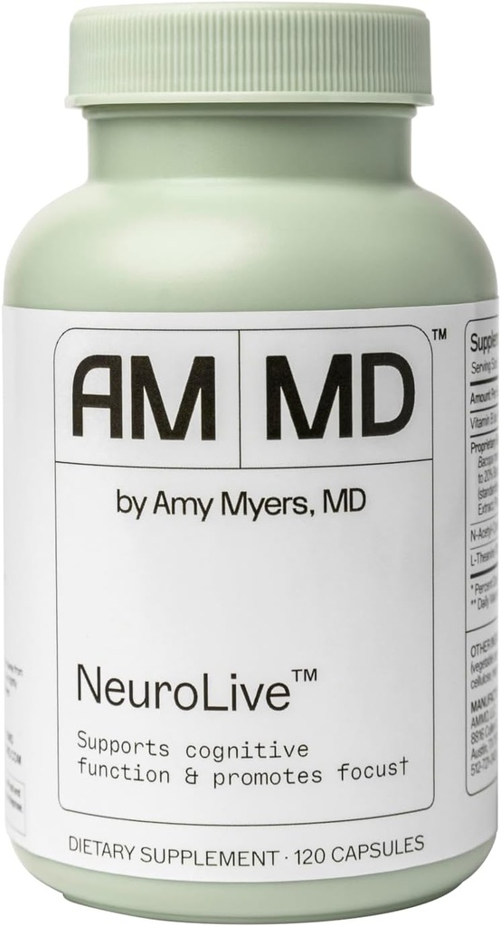 Amy Myers MD NeuroLive - Συμπλήρωμα Εγκεφαλικής Υγείας για Γνωστική Λειτουργία & Υποστήριξη Εστίασης - με Βιταμίνη Β - Χωρίς Γλουτένη, Μη-Dairy & Μη-Σόγια - 120 Κάψουλες (60 Υπηρεσίες)