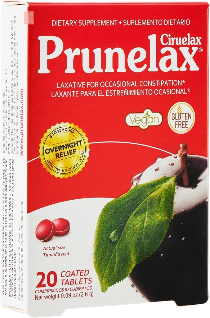 Prunelax Ciruelax Regular Strength Laxative Mini Tabletler - Occasional Constipation, Senna Extract, Vegan & Gluten-Free, Gentle Relief - 20ct