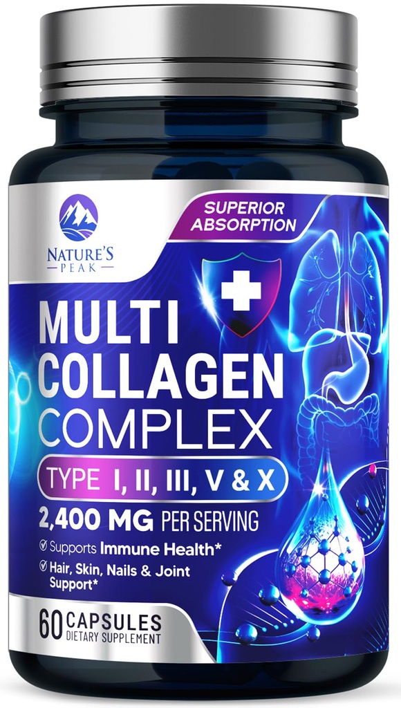 Multi Collagen Peptides συμπλήρωμα για τα μαλλιά, νύχια, δέρμα - Type I, II, III, V, X, Collagen Powder Pills - Grass-Fed, Hydrolyzed για τα οστά και κοινή υποστήριξη για γυναίκες & άνδρες, μη ΓΤΟ - 60 κάψουλες