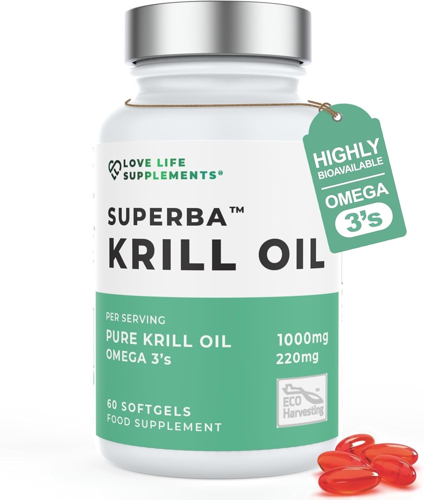 Krill Oil Omega 3 Capsules High Strength 1000 mg | Antarktika'da Sustainable Fished | 60 Red Softgels | Ortak Bakım Supplements | Güçlü Antioksit Astaxanthin ve Phospholipids ile