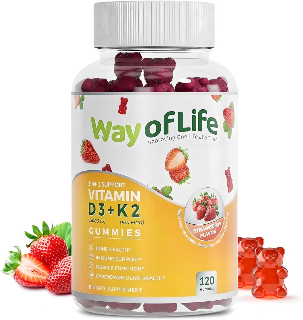 D3 5000 IU (125 mcg) + K2 (MK-7) 100 mcg Sugar-Free Gummies, Strawberry - 120 sayı, Bone and Heart Health for Yetişkinler, Kas Funtion, Pectin, Tasty, Chewy, Non-GMO, Gluten-Free, Gelatin-Free Gummies, Strawberry - 120 sayı, Bone and Heart Health for Yetişkinler, Bone, Pectin, Tasty, Chewy, Non-GMO, Gluten-Free, Gelatin-Free, Gelatin-Free Gummies,