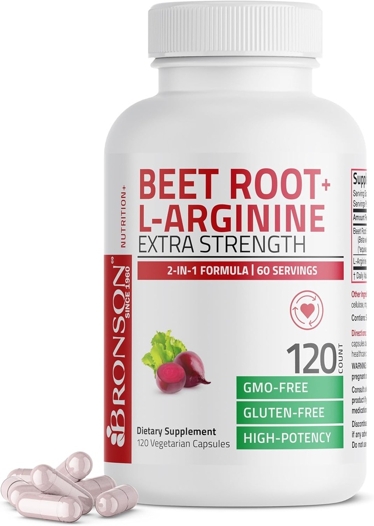 Bronson Beet Root + L-Arginine Nitric Oksit Production- Non-GMO, 120 Vegetarian Capsules