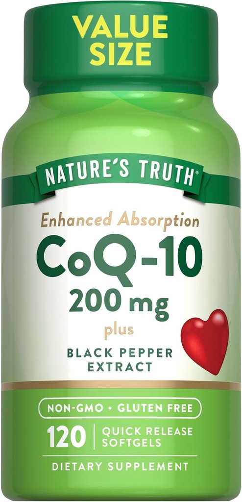 Nature's Truth CoQ10 200 mg | 120 Softgels | High Abors | Non-GMO & Gluten Free Coenzyme Supplement | with Black Pepper Extract