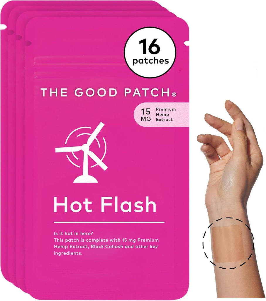 Good Patch Hot Flash Hemp Menopause Patches Women, Sustained Release, Natural Patch with Hemp Extract, Black Cohosh, Black Pepper, Plant Support Wearable Wellness (16 Total Patches)