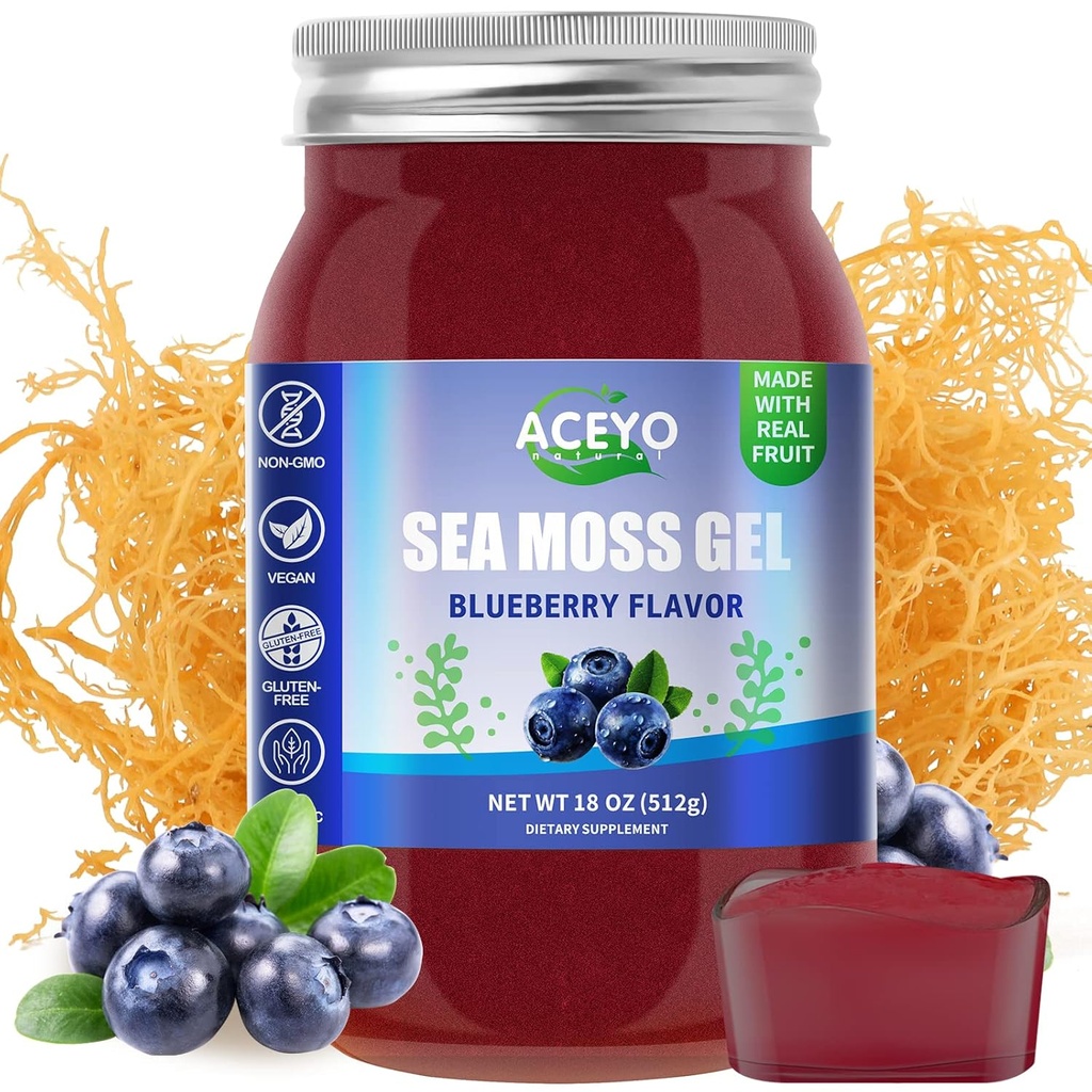ACEYO (18 OZ) İrlandalı Deniz Moss Gel Organik Raw Vegan Blueberry Flavor 102 Vitamin ve Minerals Wild Harvested Non-GMO Immune Defense Branson Yourroid Digestive Support Support