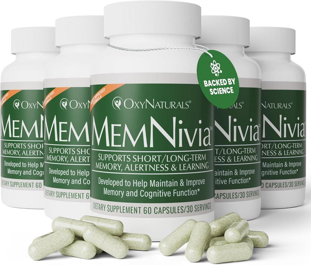 MemNivia Brain Supplements for Memory & Focus | Dual-Sage Stem Cell Formula with Cognivia®, Bacopa, Holy Basil & Ginger | Klinik Proven mental Clarity Support | 300 Capsules (5 Şişeler) | ABD Made