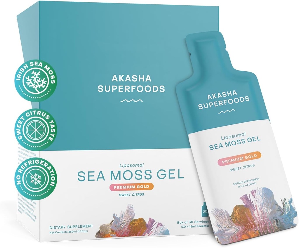 Akasha Superfoods Irish Sea Moss Gel, Liposomal Seamoss with Irish Sea Moss, Vitamin E, Citrus, Organik Vanilla, Glycerin, Skin, Energy & Gut Health Support for Women & Men, Sweet Citrus Flavor, 30 Ct