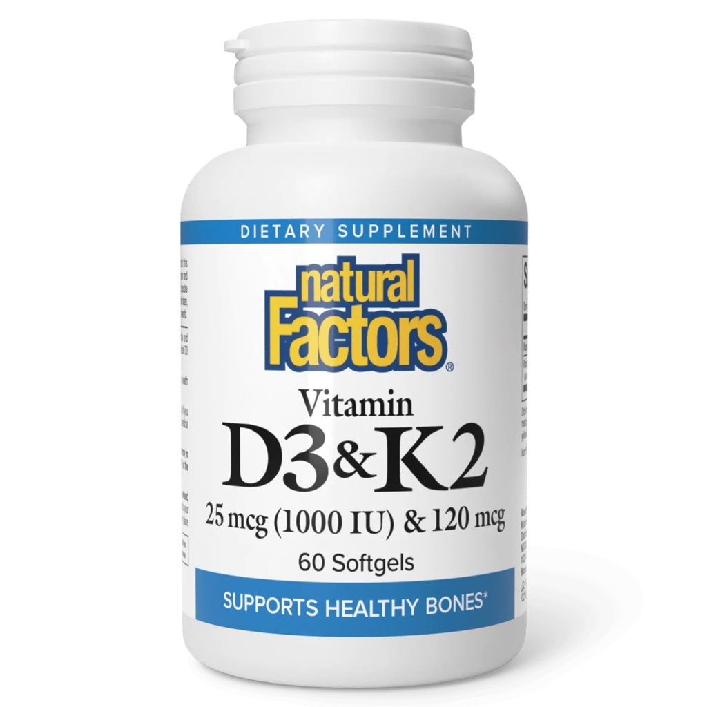 Doğal Faktörler, D3 & K2 1000 IU ve 120 mcg, Bone ve Vascular Health, 60 Softgels