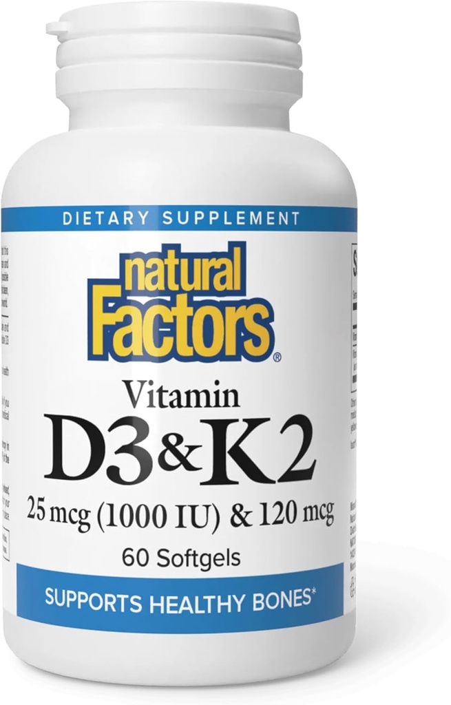 Doğal Faktörler, D3 & K2 1000 IU ve 120 mcg, Bone ve Vascular Health, 60 Softgels
