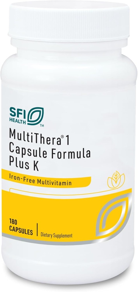 Klaire Labs SFI Health MultiThera 1 Plus K Iron-Free Multivitamin & Multimineral Capsule Formula ile K1 & K2 - Aktif Folate ile Yüksek Potency, No Iron (180 Capsules)