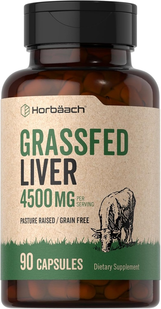 Horbäach Grass Fed Beef Liver | 4500 mg | 90 Capsules | Desiccated, Pasture Yükseltd,j Free, Non-GMO Supplement