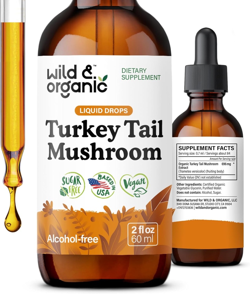 Wild & Organic Turkey Tail Tincture - Immune & Gut Support - Türkiye Tail Mushroom Extract Drops - Vegan, Sugar & Alkol-Free Liquid Supplement - 2 fl ozz
