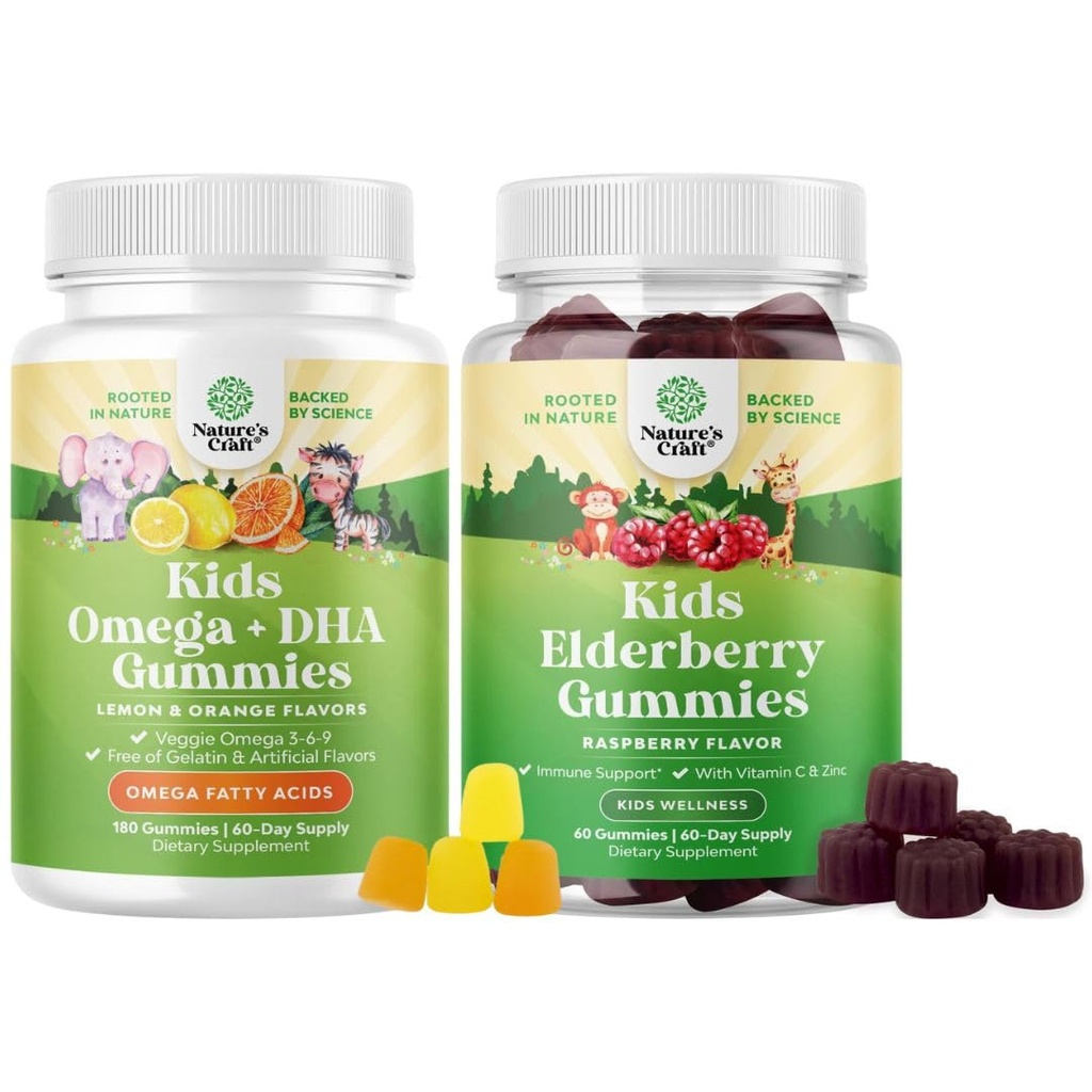 Çocuklar için Omega DHA Gummies - Fatty Acids Omega 3 6 9, Beyin Için C vitamini ile C vitamini, Immunity & Vision ve Sambucus Elder Gummies for Kids Health with çinko & Vitamin C for Immune Support