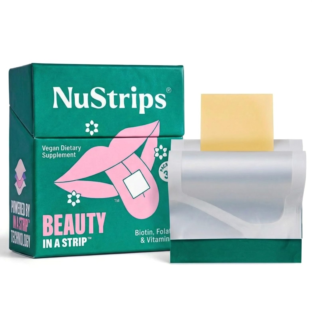 NuStrips™ Fast-Dissolving Beauty Strips with Biotin, Folate & Vitamin E – Hair, Skin & Nails Supplement – Supports Hair Growth & Reduces Hair Fall – Non-GMO, Vegan – Delicious Strawberry (30 Strips)