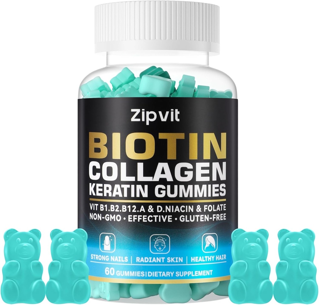 Biotin Collagen Gummies - Kadınlar ve Erkekler için Saç Tohumları - Saç Büyüme Vitaminleri: B1, B2, B3, B6, B7, Collagen, Keratin, Vitamin A & D - Saç Büyüme Tamamı - 60 Gummy Ayılar