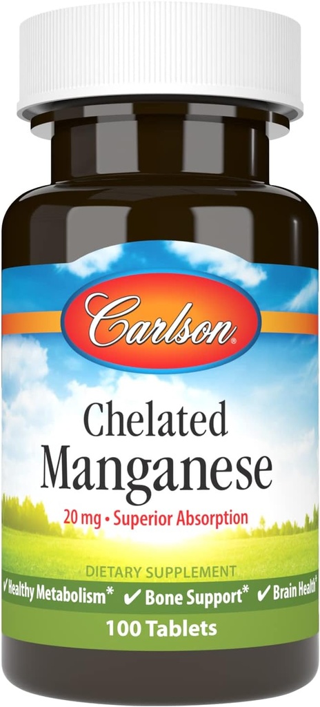 Carlson - Chelated Manganese, 20 mg, Üstün Aborpsiyon, Sağlıklı Metabolism, Bone Support & Brain Health, 100 Tablet