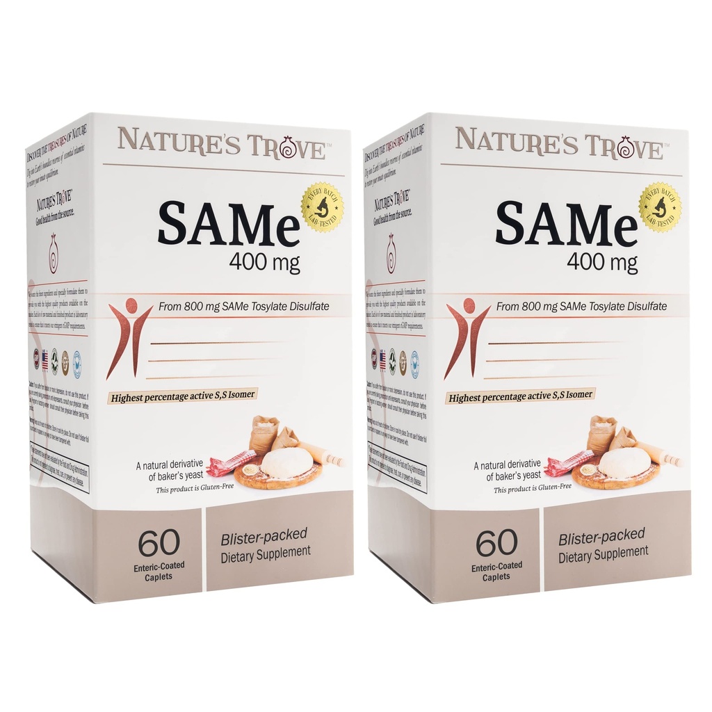 Nature's Trove SAM-e 400mg 120 Enteric Coated Caplets (2 Κουτιά των 60) - Vegan, Kosher, Non-GMO, Soy Free, Gluten Free - Mood and Joint Comfort - Ψυχρή μορφή Blister Packed