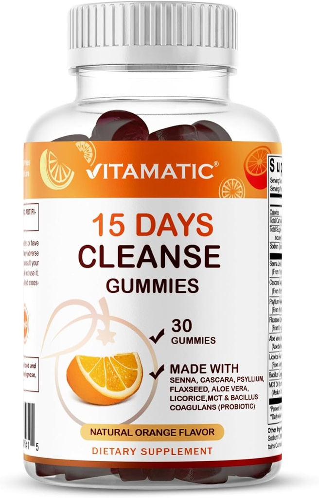 Vitamatic 15 Day Cleanse Gummies, Senna, Cascara, Psyllium, Flaxseed, Aloe Vera, Licorice, MCT, Probiyotik