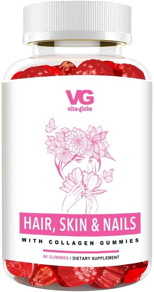 VITA GLOBE Saç, Skin & Nails + Collagen Gummies - A vitamini, C, D, E, B6 & Biotin | Güzellik & Wellness Tamamı Sağlıklı Saç Büyümesi için - 60 Kont (Polonya)