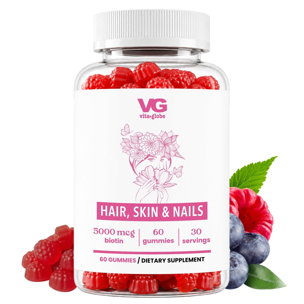 VITA GLOBE Saç, Skin & Nails + Collagen Gummies - A vitamini, C, D, E, B6 & Biotin | Güzellik & Wellness Tamamı Sağlıklı Saç Büyümesi için - 60 Kont (Polonya)
