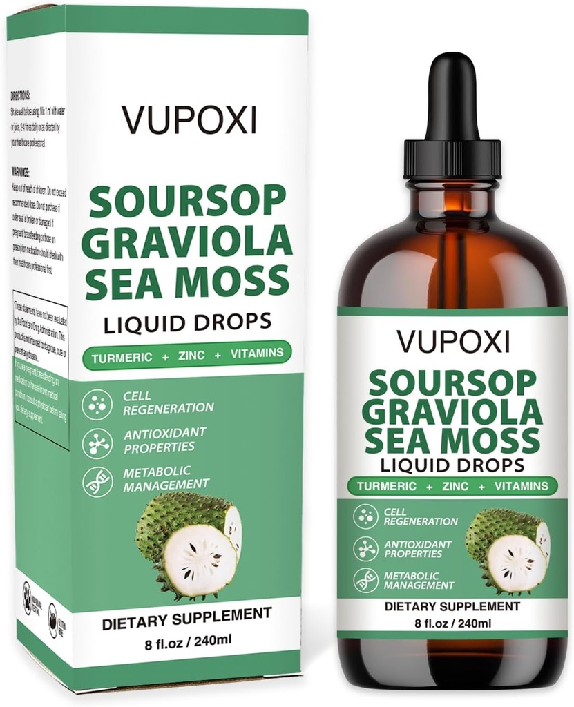 Soursop Multivitamin Liquid Drops Hücre Desteği ve Rejenerasyonu, Immune Boost,Dietary Fiber ve Sleep, Organic Soursop Ekstra-Sugar Free, Non-GMO, 100% Vegan, Gluten-Free-8 Fl Oz /240 ML