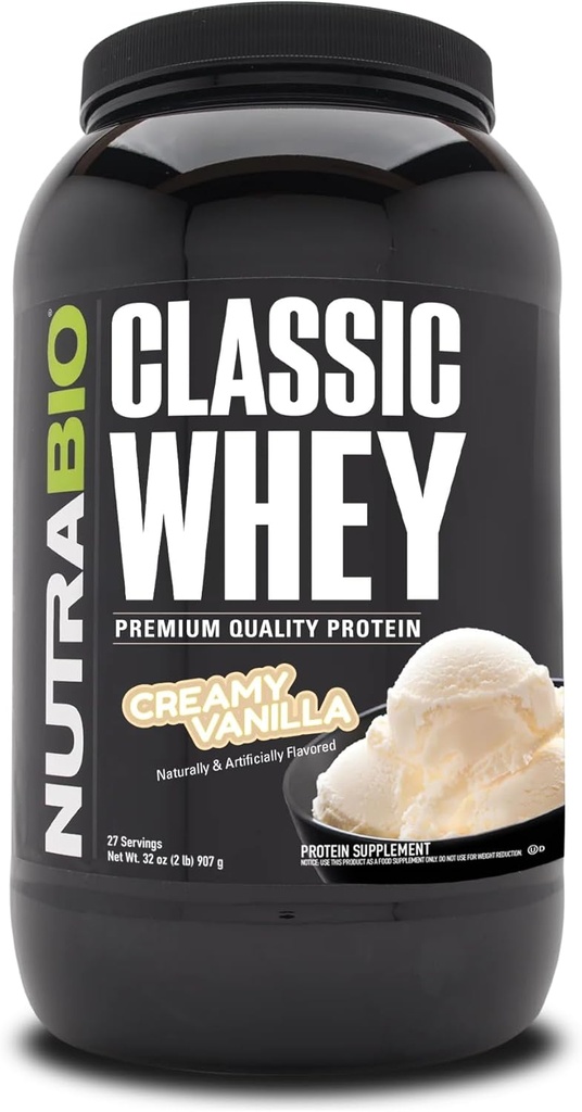 NutraBio Classic Whey Protein Toz- 25G Protein Per Scoop - Full-Spectrum Amino Asit Profil - No Fillers, Yapay Renkler, Preservatifler - Low Glycemic Index - Creamy Vanilla, 2 Pounds