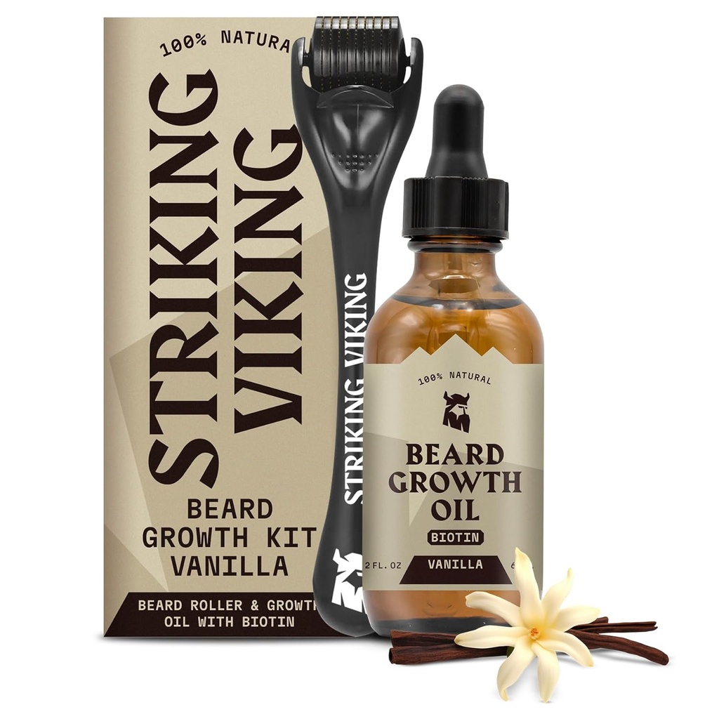 Striking Viking Beard Growth Oil - 2 fl oz, πακέτο των 1, Vanilla - Πάχος Beard Oil με Jojoba & Argan Extracts - Προάγει την ανάπτυξη των μαλλιών προσώπου & Στόχοι Patchy Περιοχές - Biotin Fortified